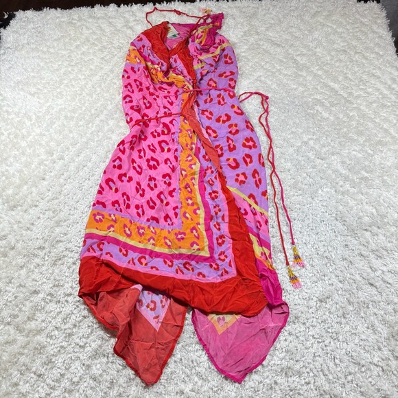 FARM Rio Pink Leopard Print Viscose Wrap Dress Beach Cover Up Size L Colorful - Picture 1 of 14